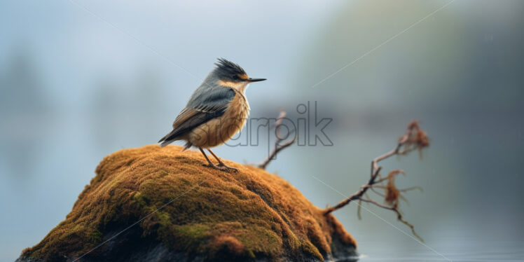 A bird on a stone in the middle of a lake - Starpik Stock