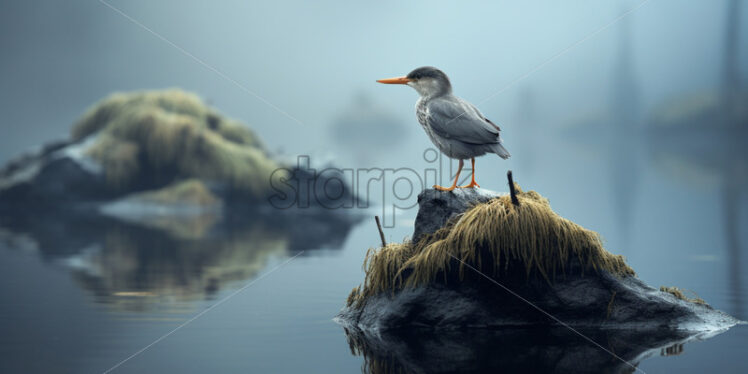 A bird on a stone in the middle of a lake - Starpik Stock