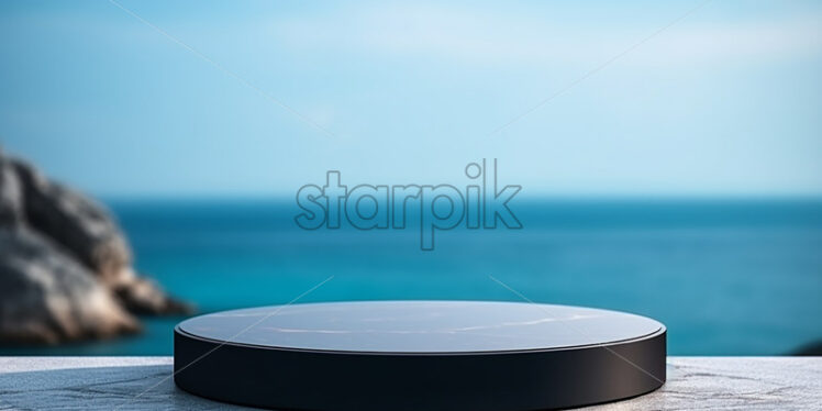 A black podium against the background of an ocean - Starpik Stock