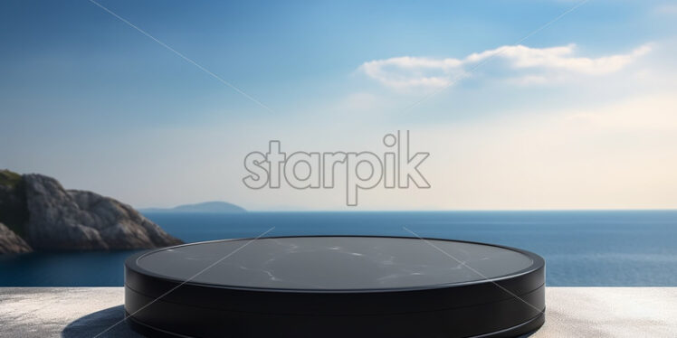 A black podium against the background of an ocean - Starpik Stock