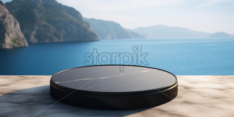 A black podium against the background of an ocean - Starpik Stock