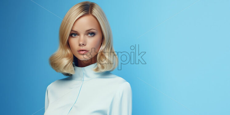 A blonde woman dressed in light blue from the 90s on a blue background - Starpik Stock