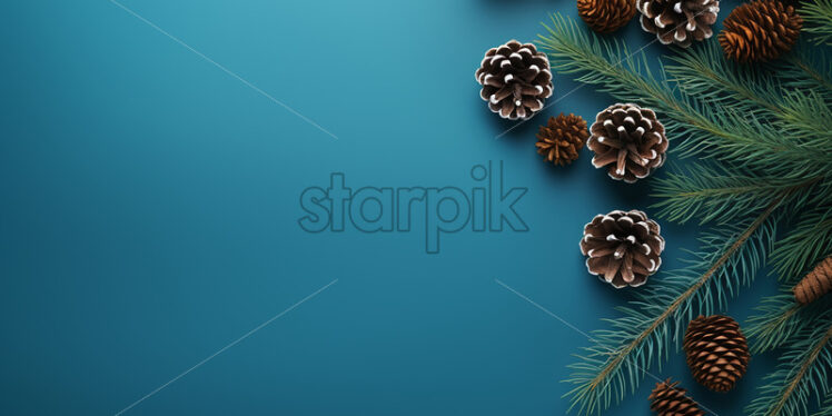 A blue  Christmas background with cones, fir branches - Starpik Stock