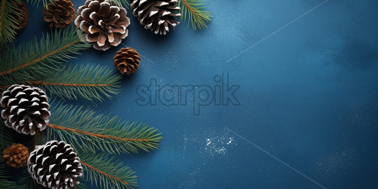 A blue  Christmas background with cones, fir branches - Starpik Stock