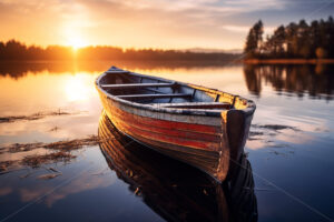 A boat floating on the edge of a lake - Starpik Stock