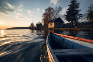 A boat floating on the edge of a lake - Starpik Stock