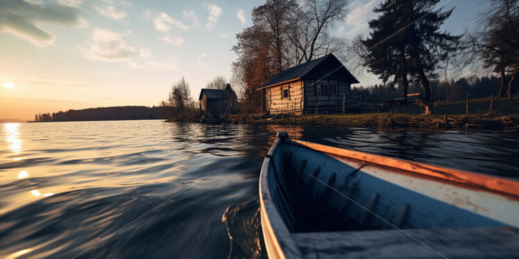 A boat floating on the edge of a lake - Starpik Stock