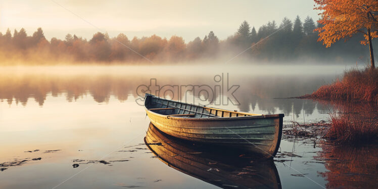 A boat that is on the edge of a lake in the fog - Starpik Stock