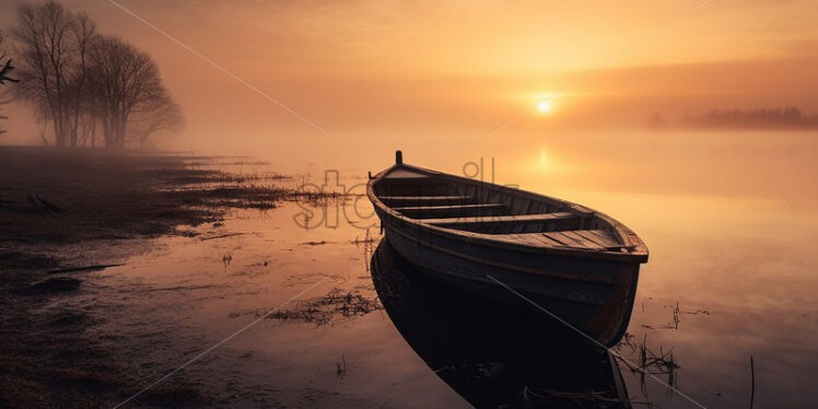 A boat that is on the edge of a lake in the fog - Starpik Stock