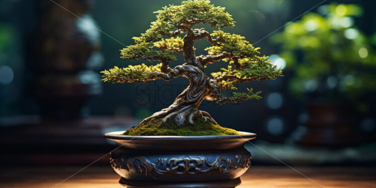 A bonsai tree on a wooden table - Starpik Stock