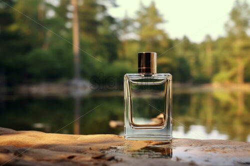 A bottle of luxury perfume on the bank of a river in the forest - Starpik Stock