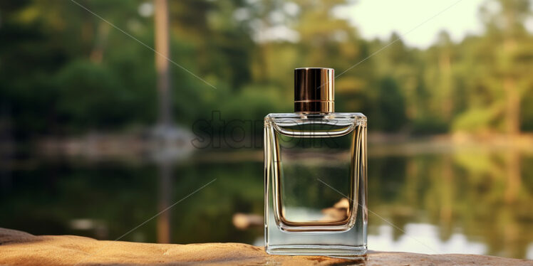 A bottle of luxury perfume on the bank of a river in the forest - Starpik Stock