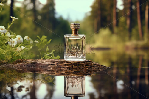 A bottle of luxury perfume on the bank of a river in the forest - Starpik Stock