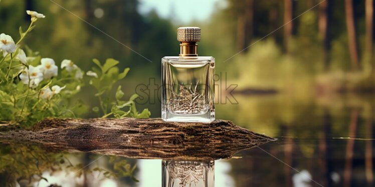 A bottle of luxury perfume on the bank of a river in the forest - Starpik Stock