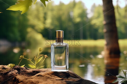 A bottle of luxury perfume on the bank of a river in the forest - Starpik Stock