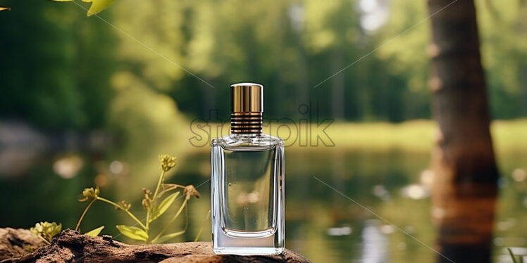 A bottle of luxury perfume on the bank of a river in the forest - Starpik Stock