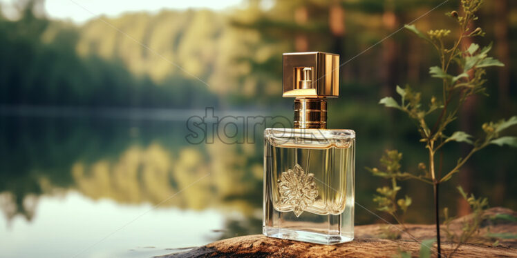 A bottle of luxury perfume on the bank of a river in the forest - Starpik Stock