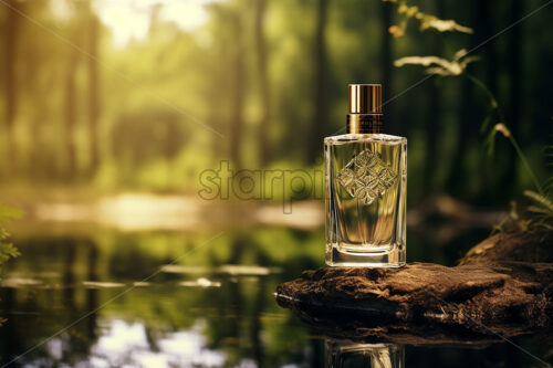 A bottle of luxury perfume on the bank of a river in the forest - Starpik Stock