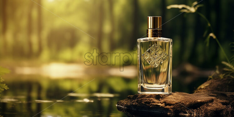 A bottle of luxury perfume on the bank of a river in the forest - Starpik Stock