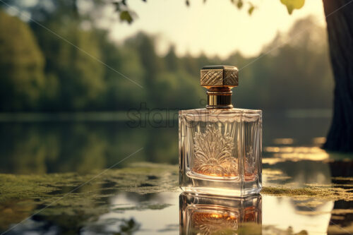 A bottle of luxury perfume on the bank of a river in the forest - Starpik Stock