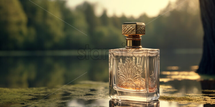 A bottle of luxury perfume on the bank of a river in the forest - Starpik Stock