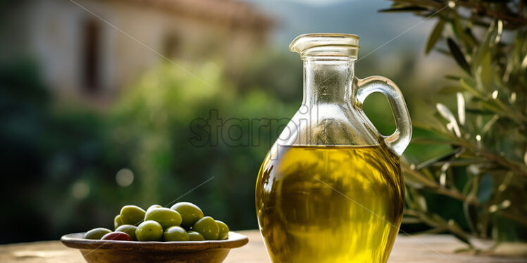 A bottle of olive oil against the background of an Italian city - Starpik Stock