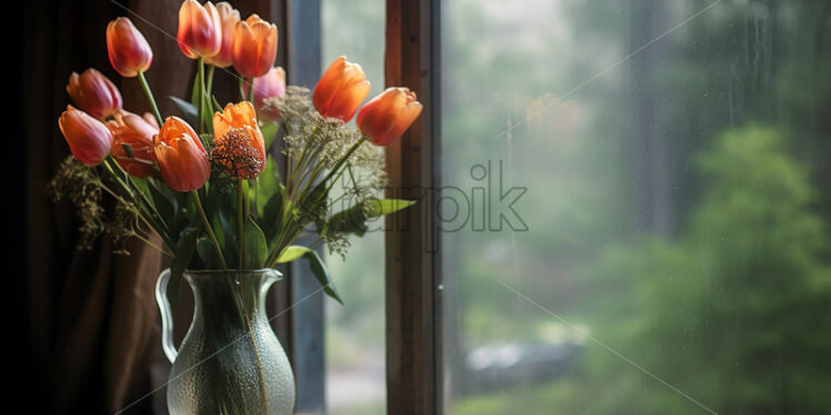 A bouquet of flowers on a window sill, outside the autumn atmosphere - Starpik Stock