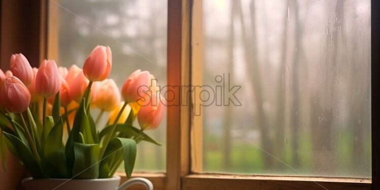 A bouquet of flowers on a window sill, outside the autumn atmosphere - Starpik Stock