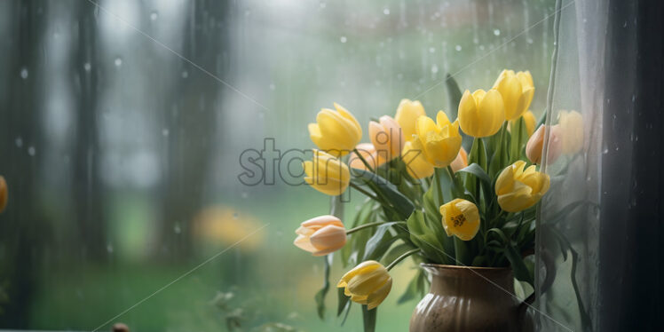 A bouquet of flowers on a window sill, outside the autumn atmosphere - Starpik Stock