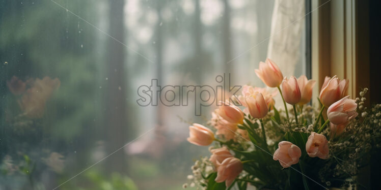 A bouquet of flowers on a window sill, outside the autumn atmosphere - Starpik Stock