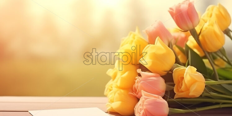 A bouquet of yellow flowers on a table, with a clean text card next to it - Starpik Stock