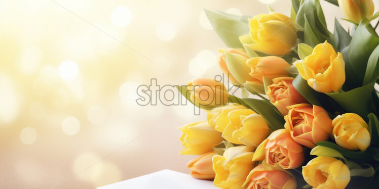 A bouquet of yellow flowers on a table, with a clean text card next to it - Starpik Stock