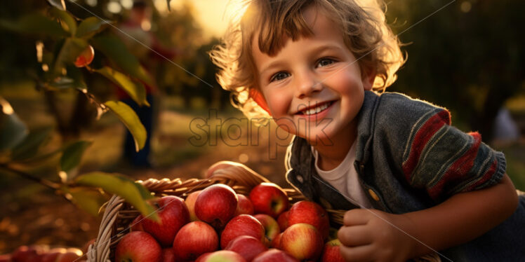 A boy collecting apples in a basket beautiful harvest seasons fall - Starpik