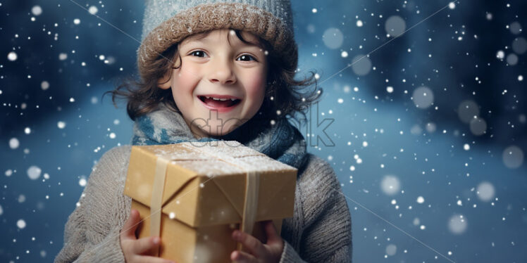 A boy holding a gift outside, in the winter - Starpik Stock