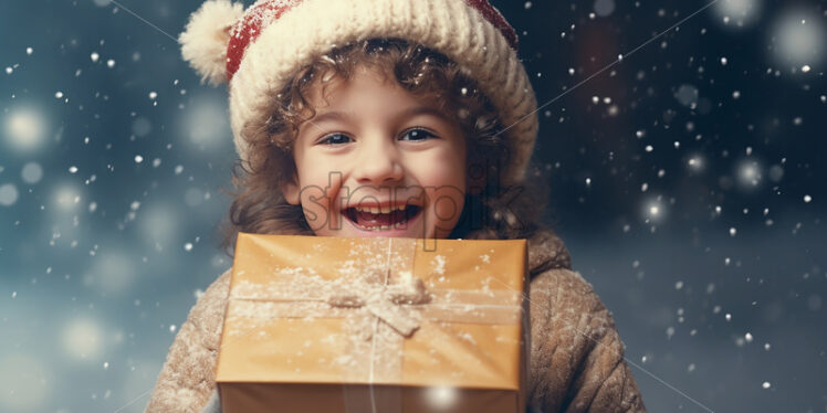 A boy holding a gift outside, in the winter - Starpik Stock