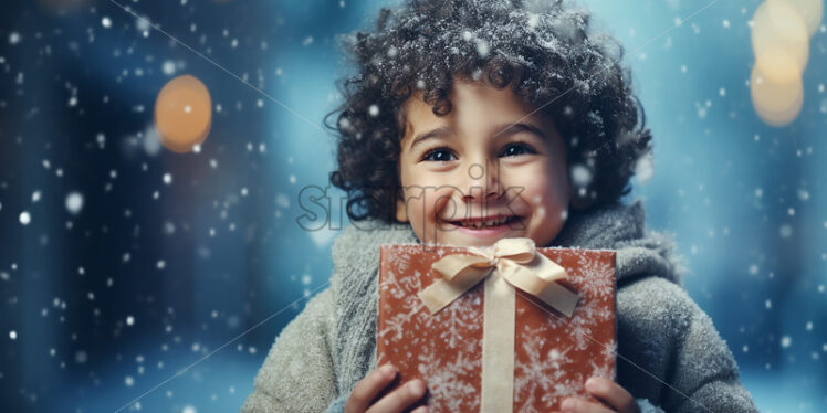 A boy holding a gift outside, in the winter - Starpik Stock