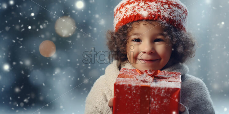 A boy holding a gift outside, in the winter - Starpik Stock