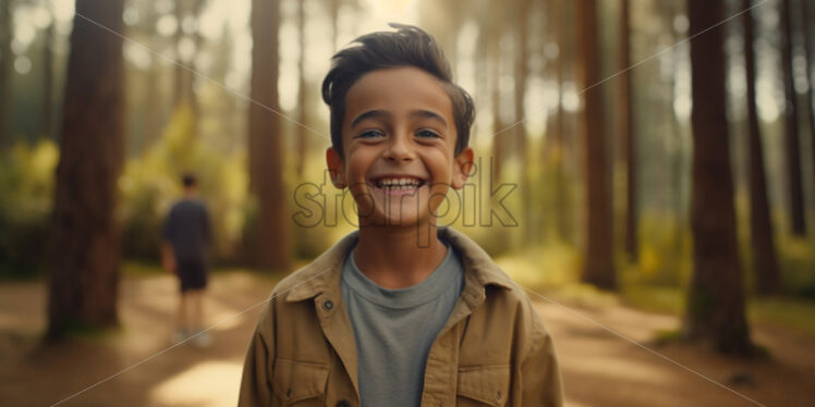 A boy smiles at the camera in the forest - Starpik Stock