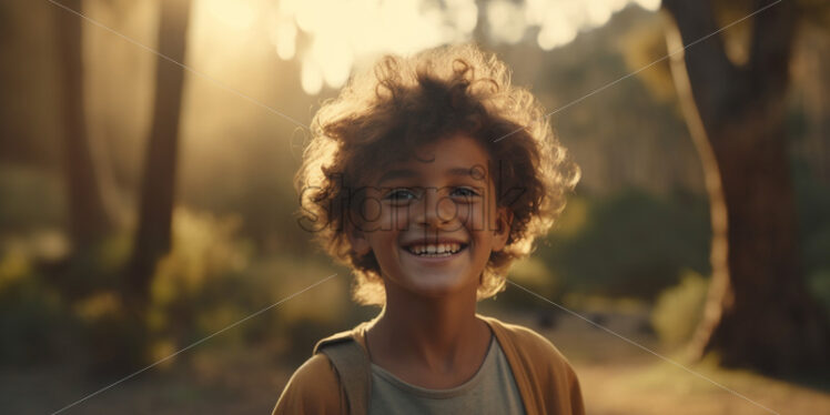 A boy smiles at the camera in the forest - Starpik Stock