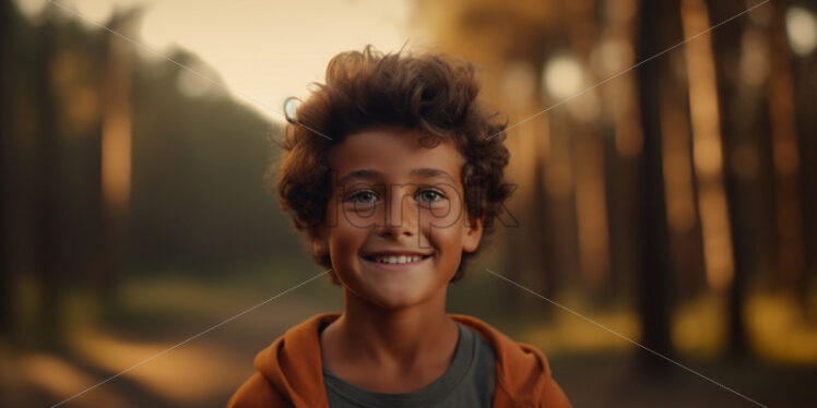 A boy smiles at the camera in the forest - Starpik Stock