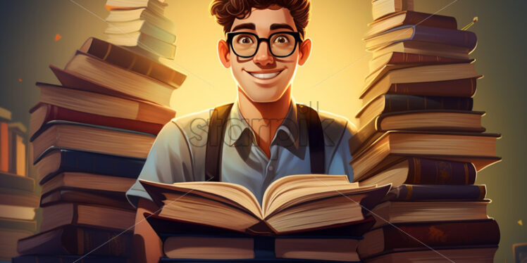 A boy surrounded by books, vector illustration - Starpik Stock