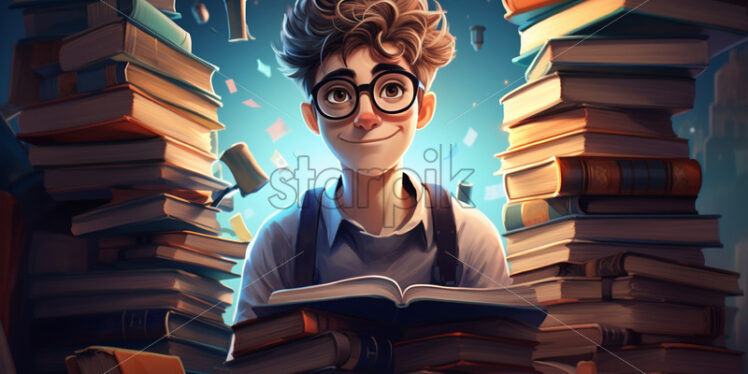 A boy surrounded by books, vector illustration - Starpik Stock