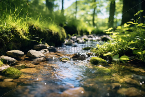 A brook that flows through a forest, and on its banks a lot of greenery - Starpik Stock