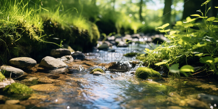 A brook that flows through a forest, and on its banks a lot of greenery - Starpik Stock