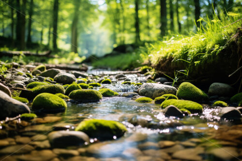 A brook that flows through a forest, and on its banks a lot of greenery - Starpik Stock