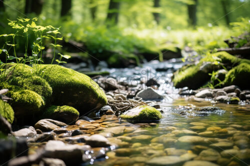 A brook that flows through a forest, and on its banks a lot of greenery - Starpik Stock