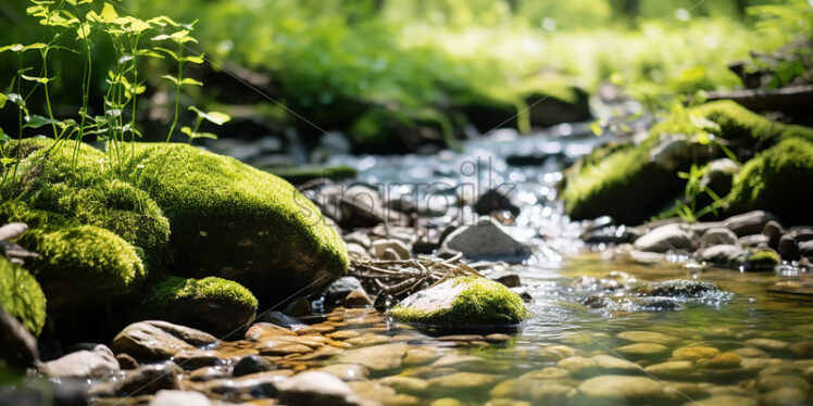 A brook that flows through a forest, and on its banks a lot of greenery - Starpik Stock