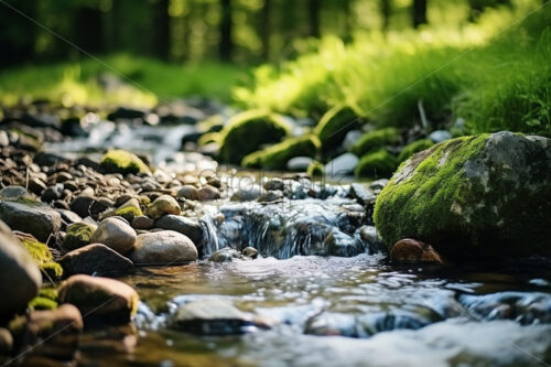 A brook that flows through a forest, and on its banks a lot of greenery - Starpik Stock