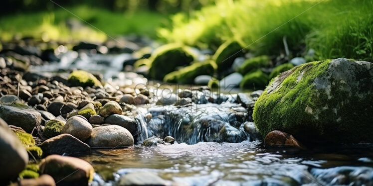 A brook that flows through a forest, and on its banks a lot of greenery - Starpik Stock