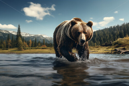 A brown bear fishing in a lake at the foot of the mountains - Starpik Stock